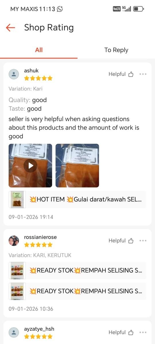 Tangkap layar testimoni pelanggan Rempah Selising 16
