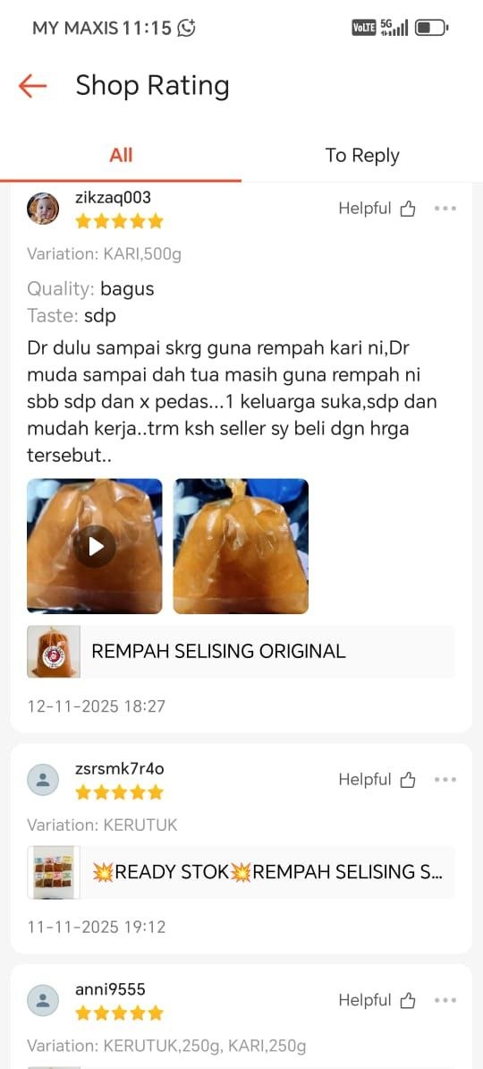 Tangkap layar testimoni pelanggan Rempah Selising 12