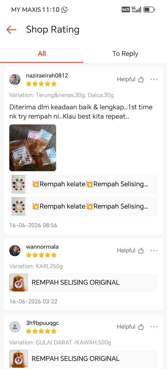 Tangkap layar testimoni pelanggan Rempah Selising 7