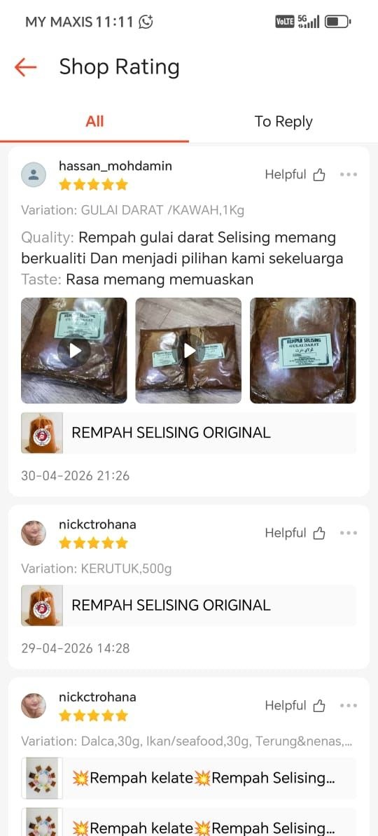 Tangkap layar testimoni pelanggan Rempah Selising 9