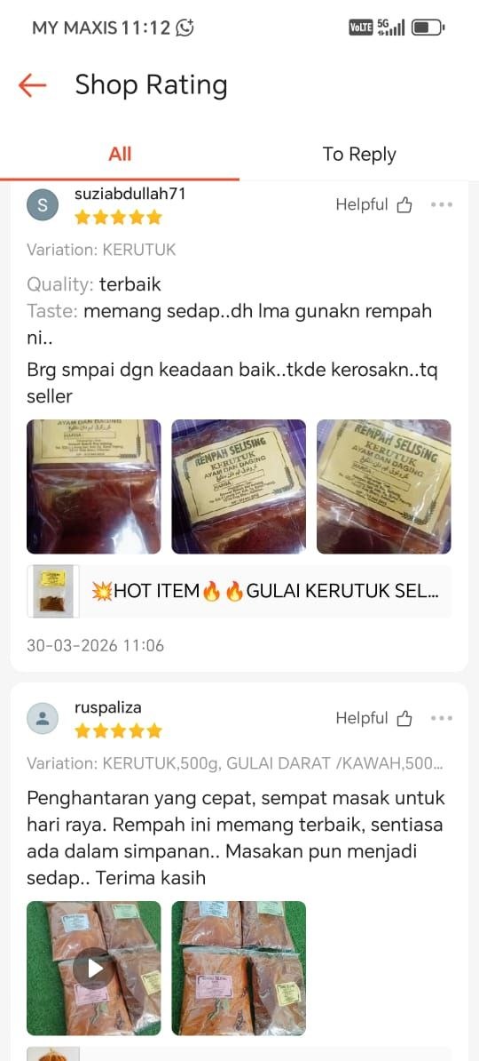 Tangkap layar testimoni pelanggan Rempah Selising 17