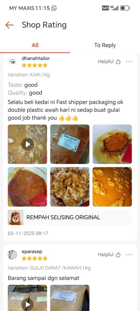 Tangkap layar testimoni pelanggan Rempah Selising 13