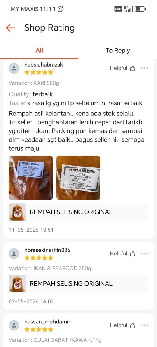 Tangkap layar testimoni pelanggan Rempah Selising 8