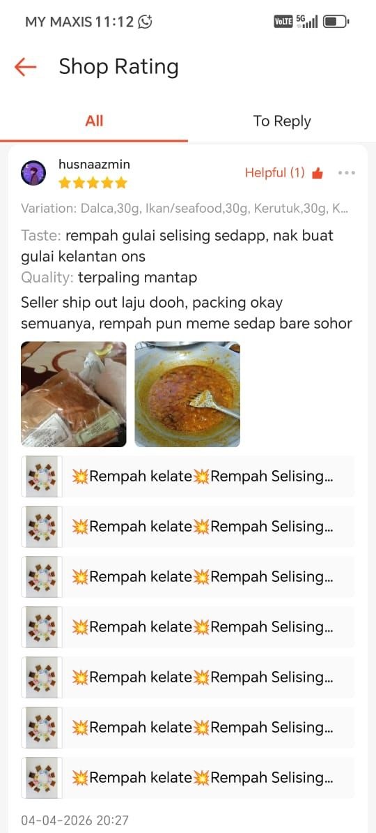 Tangkap layar testimoni pelanggan Rempah Selising 10