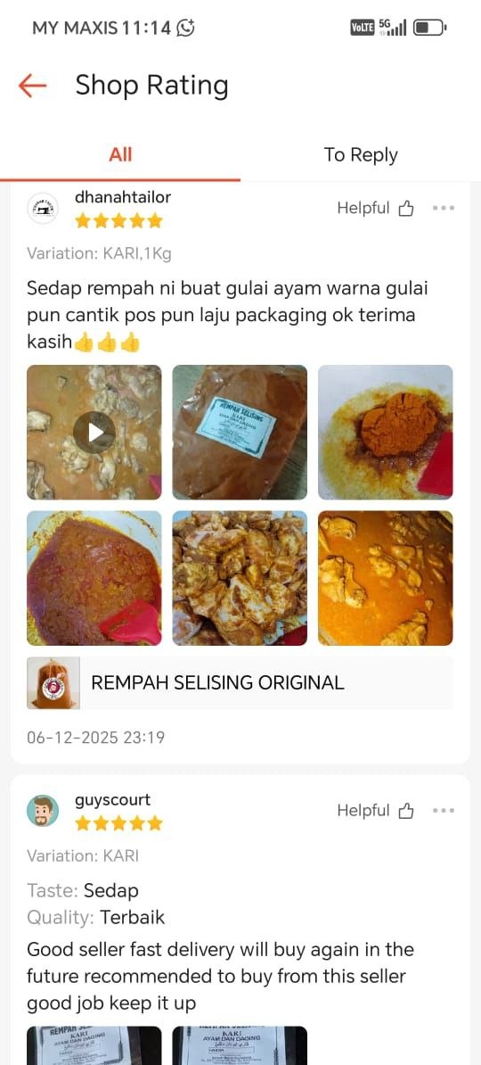Tangkap layar testimoni pelanggan Rempah Selising 14