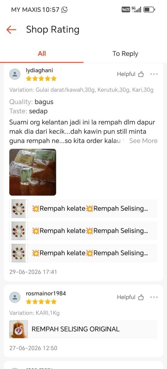 Tangkap layar testimoni pelanggan Rempah Selising 2