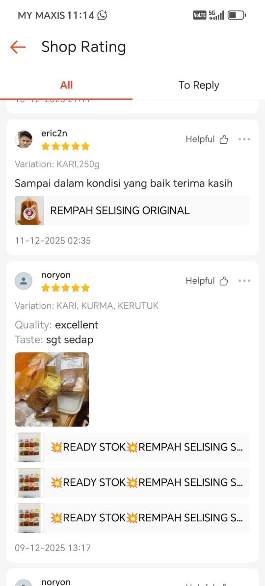 Tangkap layar testimoni pelanggan Rempah Selising 15