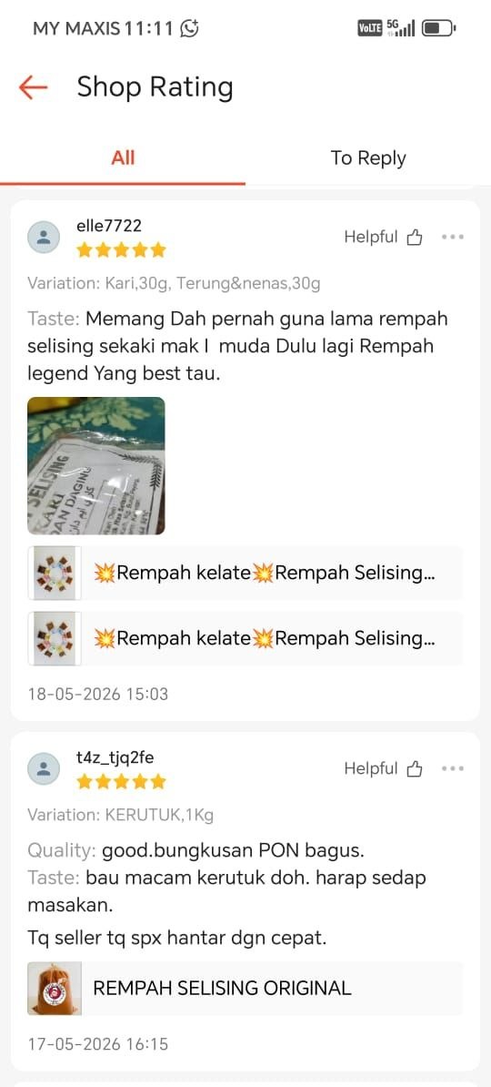 Tangkap layar testimoni pelanggan Rempah Selising 6