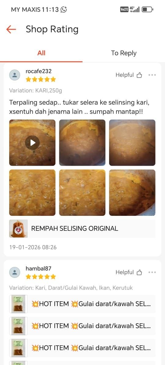 Tangkap layar testimoni pelanggan Rempah Selising 19