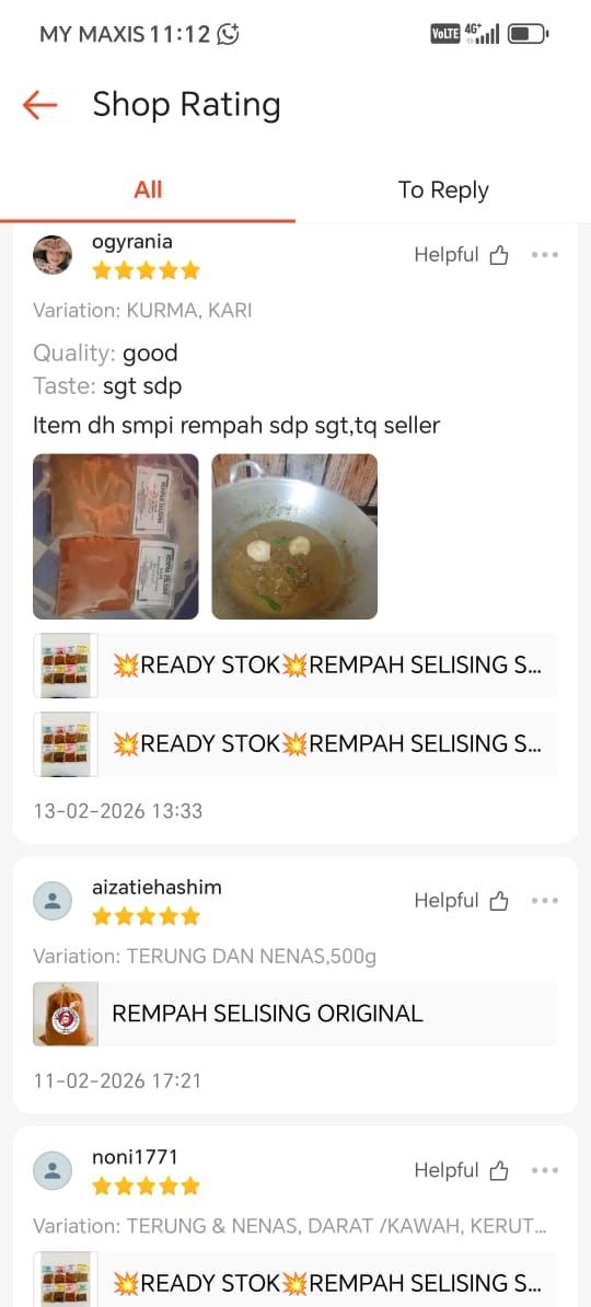 Tangkap layar testimoni pelanggan Rempah Selising 18