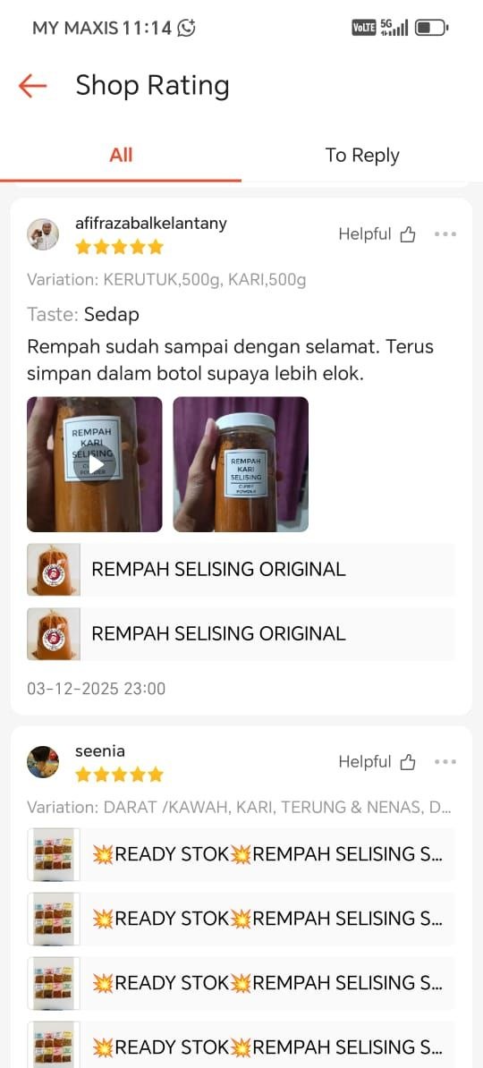Tangkap layar testimoni pelanggan Rempah Selising 11